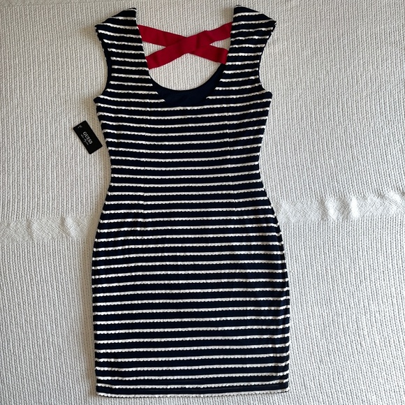 Guess Bodycon Navy Blue and White Striped Dress - Picture 3 of 11